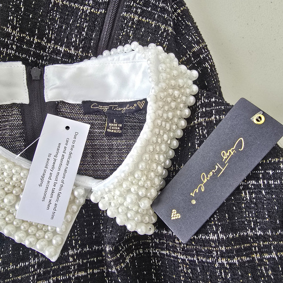 City Triangles Tweed Dress Women's L Black Gold Geo Faux Pearl Collar Mini NWT - Picture 3 of 14